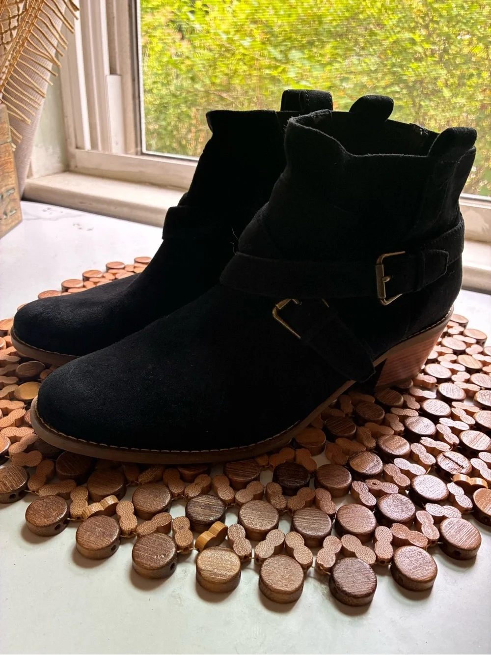 Black Suede Ankle Boots with Buckle Strap
